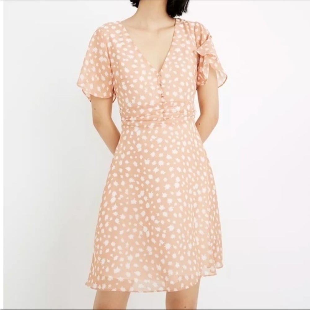 MADEWELL RUCHED WAIST STAR SHOWER ORANGE WHITE LINED SHORT SLEEVE MINI DRESS 0